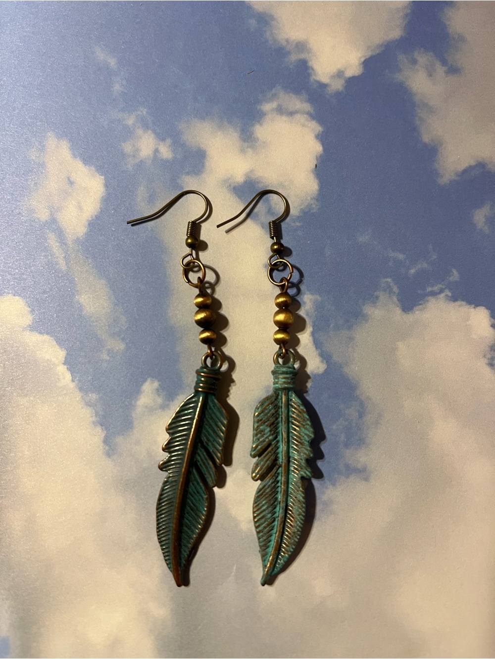 Turquoise Patina Feather Drop Earrings - Women Jewelry